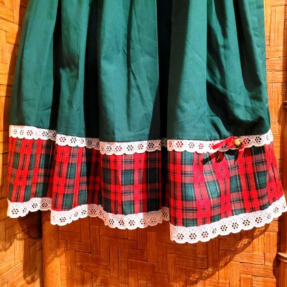 Vintage 80s vtg HANDMADE Little Girls Christmas Dress Bow Tartan Green Red sz 7 - Picture 11 of 13